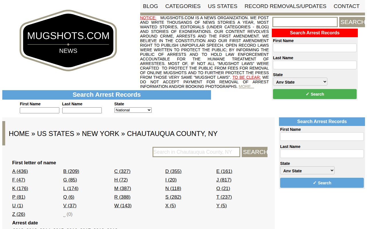 Chautauqua County unofficial historical mugshot record source interface