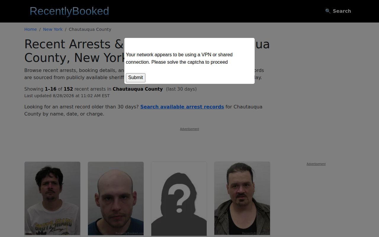 Chautauqua County unofficial recent-arrest record source interface